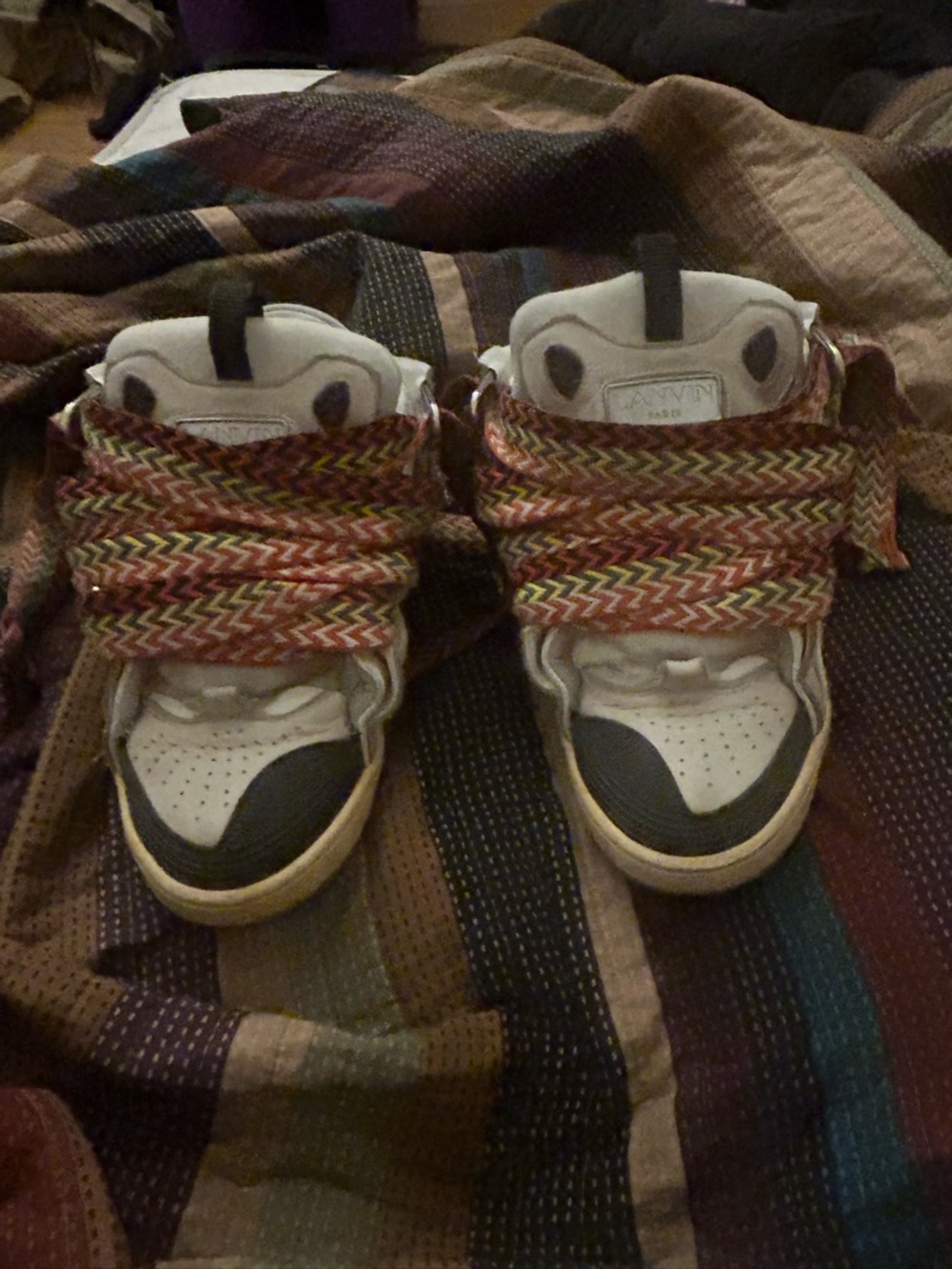 Lanvin White and Black High-Top Sneakers with Multicolor Woven Straps